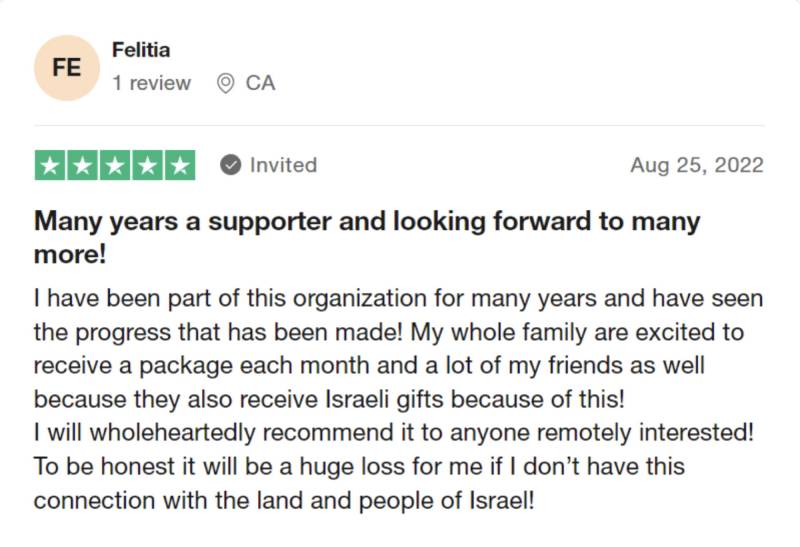 A review by Felitia, a long-term supporter from Canada, who writes: "A huge loss for me if I don’t have this connection with Israel" and rates Lev Haolam 5 stars.