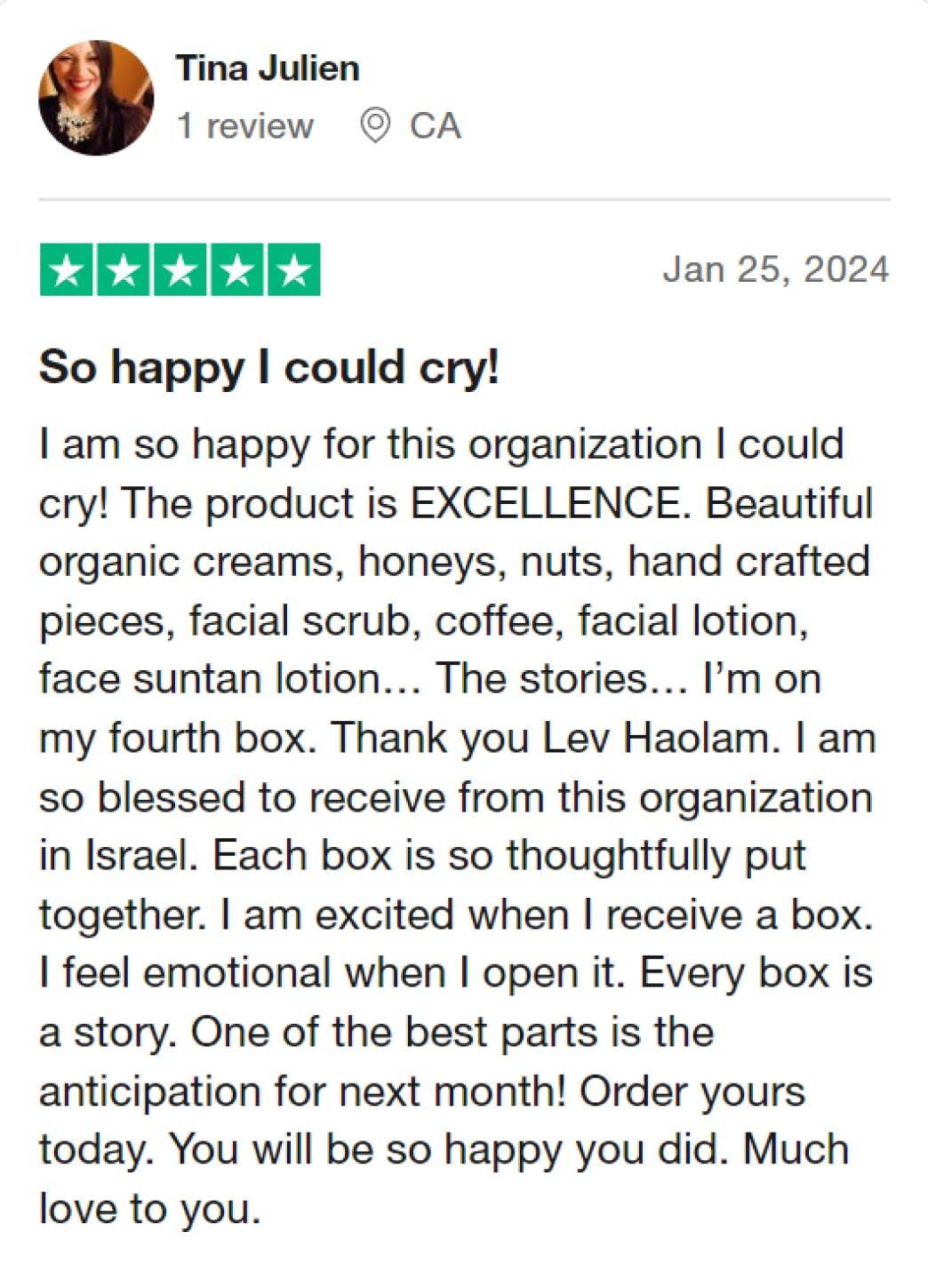 A glowing 5-star recommendation for Lev Haolam from customer Tina Julien, who describes her monthly subscription as an emotional and exciting blessing.