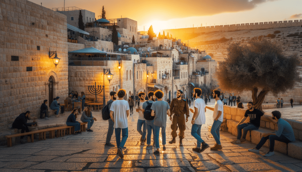 Image illustrating: In contrast, secular Israelis tend to dress casually—jeans, t-shirts, and sandals are common, especially in the warm Mediterranean climate. Military uniforms are also a familiar sight, as service is mandatory.