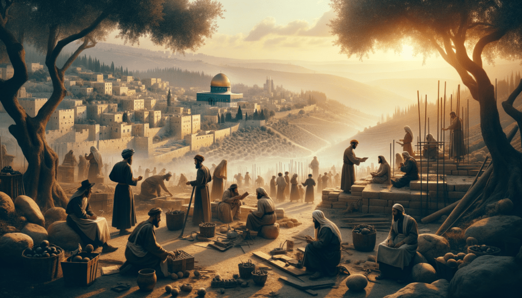 Image illustrating: Leading this return was Zerubbabel, a descendant of King David, and Joshua the High Priest. Together, they organized the community, laid the foundations of the new Temple, and began the work of rebuilding.