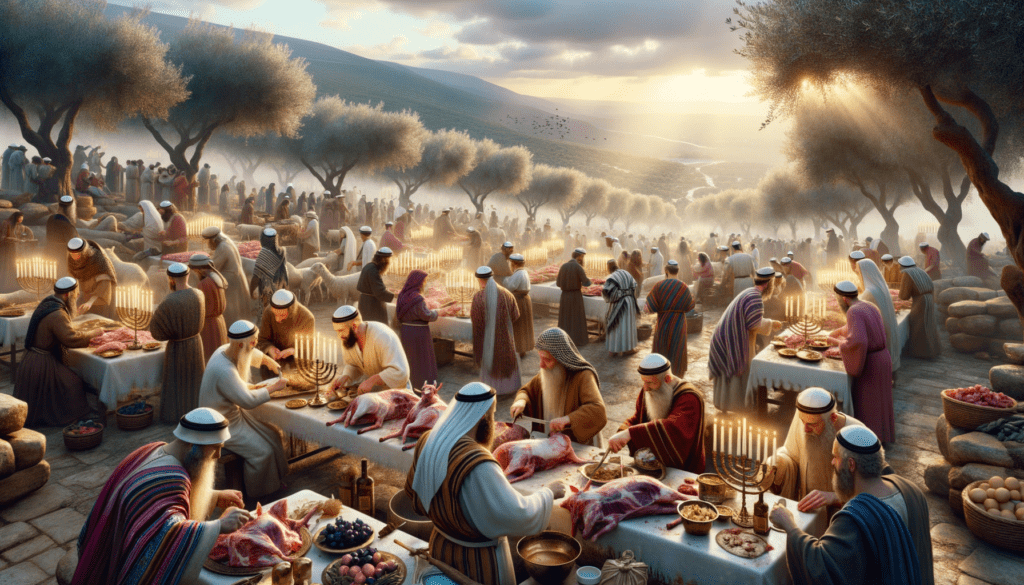 Image illustrating: During Passover, Samaritan families gather on Mount Gerizim to perform the ritual sacrifice of lambs, a practice that mirrors the biblical commandment. The event is deeply spiritual and communal, with each family participating in the preparation, cooking, and sharing of the sacrificial meal.
