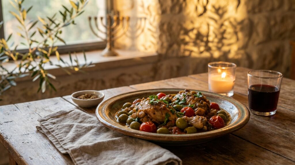 Image illustrating:Savory Chicken with Olives and Tomatoes