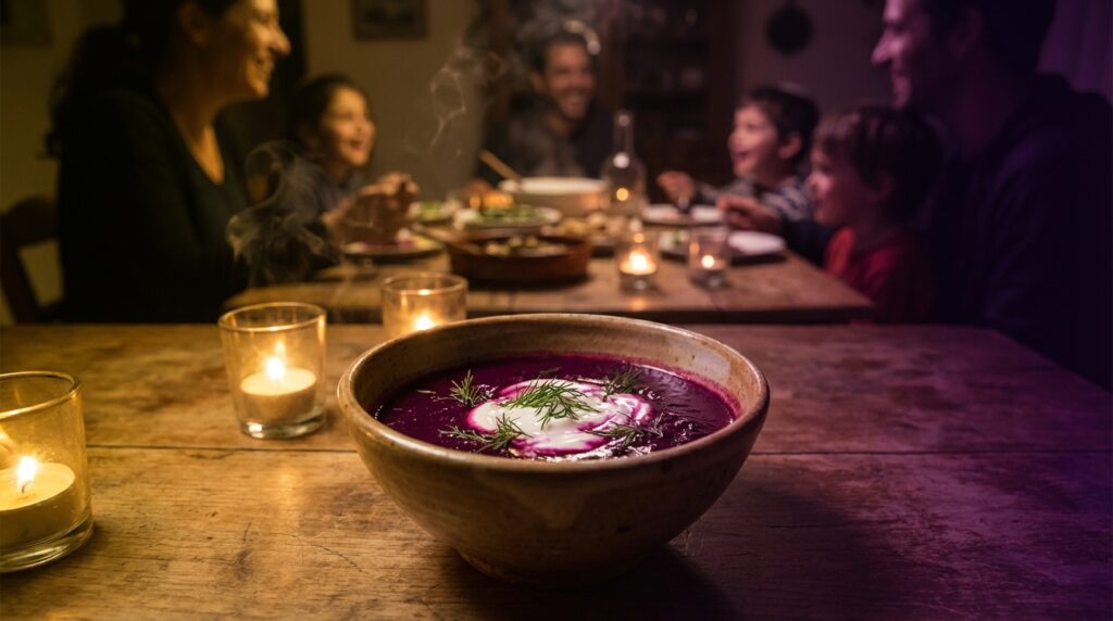 Image illustrating:Refreshing Cold Beet Soup with a Middle Eastern Twist