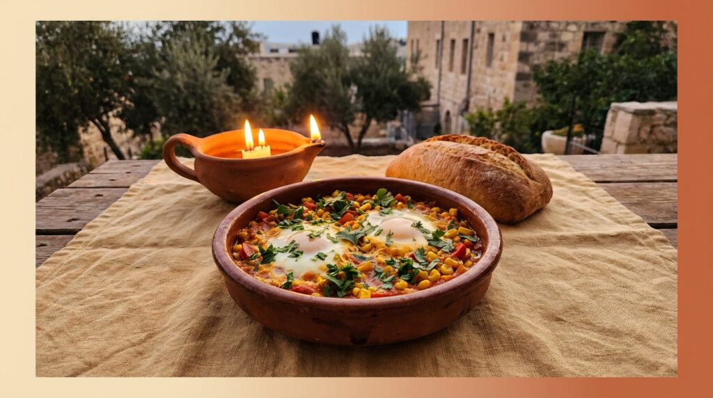 Image illustrating:Delicious Corn Shakshuka with a Twist