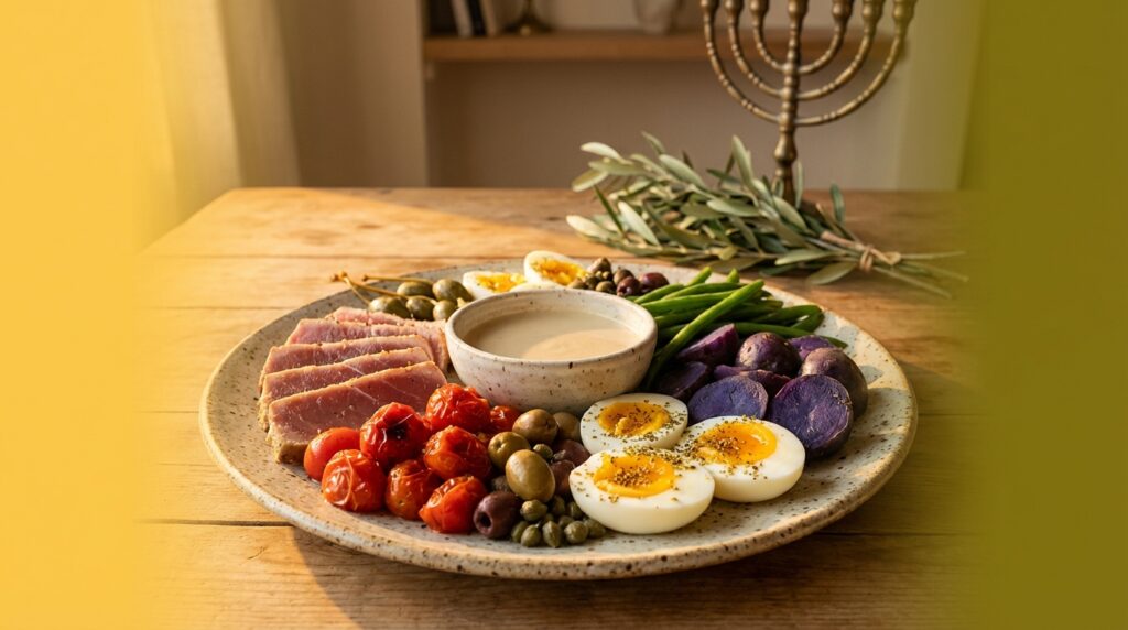 Image illustrating:Deconstructed Nicoise Salad with Israeli Flair