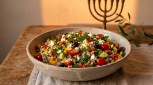 Image illustrating:Vibrant Israeli Pasta Salad with Fresh Herbs