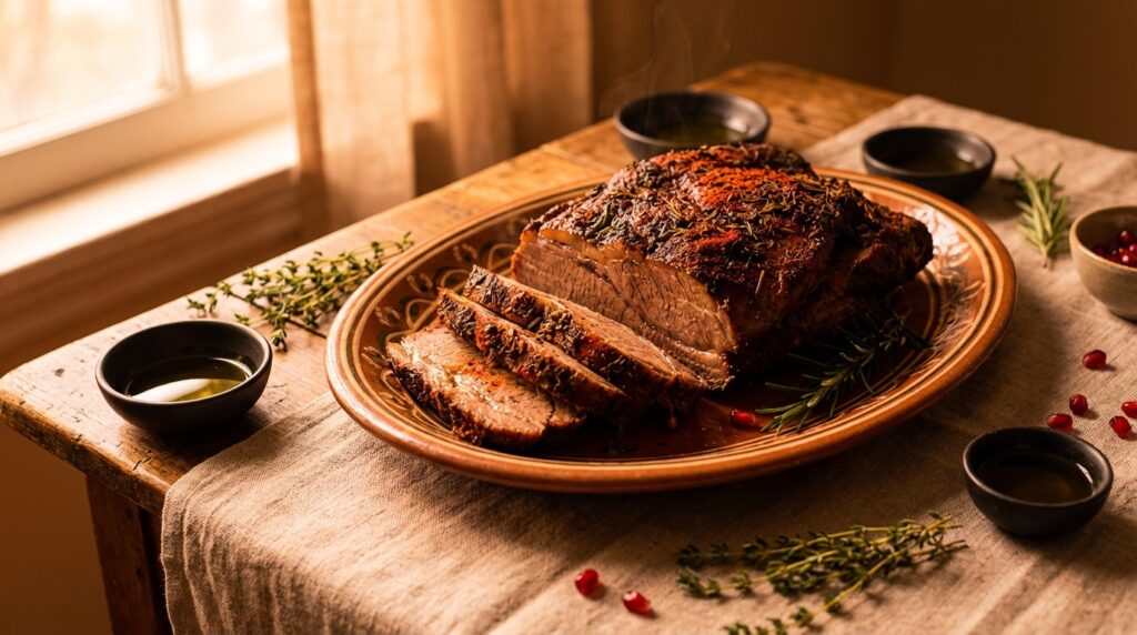 Image illustrating:Traditional Jewish Brisket with Israeli Flavors
