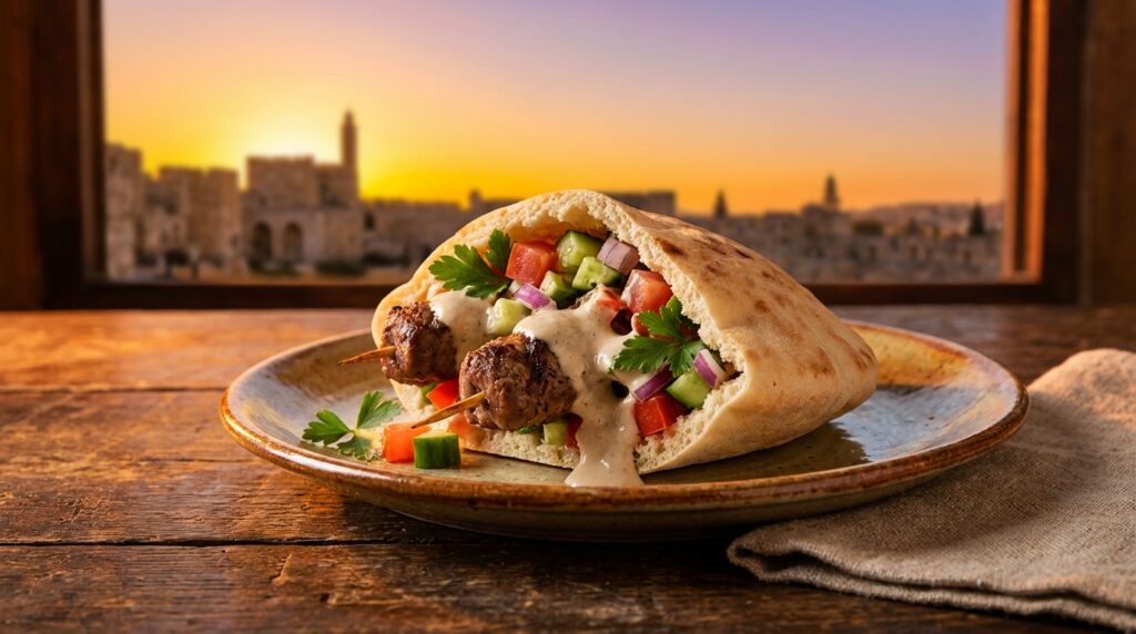 Image illustrating:Savor the Authentic Taste of Israeli Kebab Pita