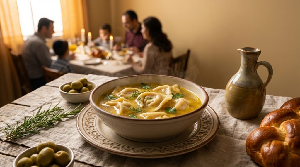 Image illustrating:Kreplach Soup: A Warm Embrace in a Bowl