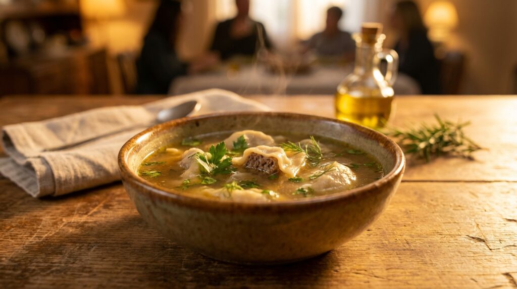 Image illustrating:Heartwarming Kreplach Soup Recipe