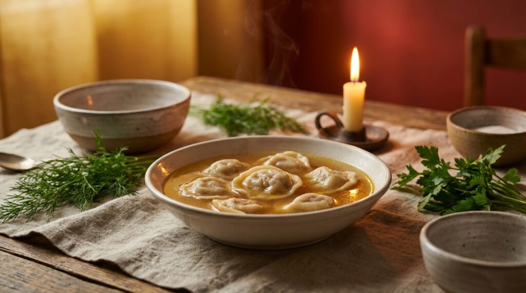 Image illustrating:Heartwarming Kreplach Soup Recipe