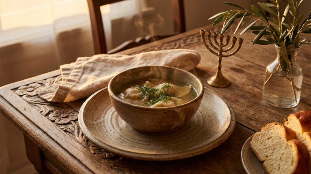 Image illustrating:Kreplach Soup: A Heartwarming Middle Eastern Delight