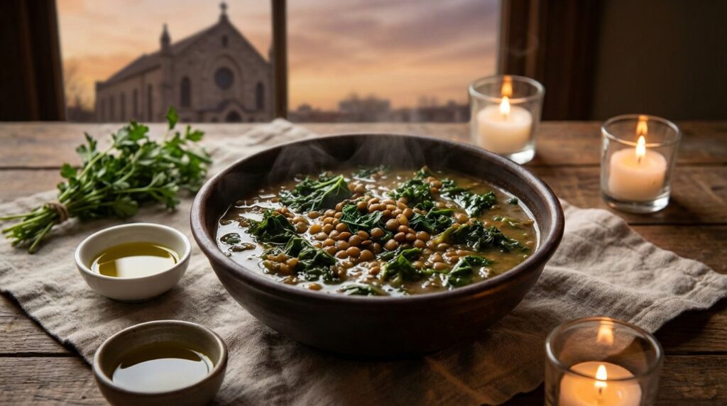 Image illustrating:Hearty Lentil Kale Soup with Middle Eastern Flavors