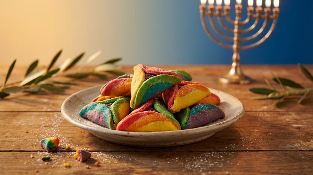Image illustrating:Colorful Rainbow Hamantaschen for Purim