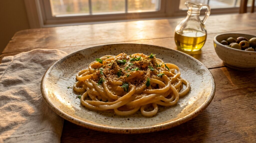 Image illustrating:Tahini Udon Noodles Delight