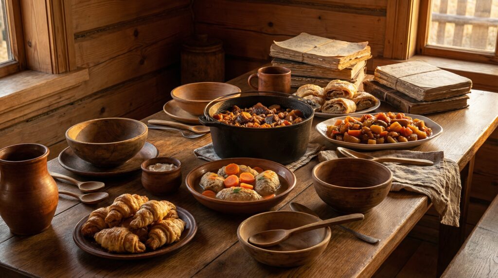 A table filled with traditional Ashkenazi dishes, showcasing rich flavors and heritage.