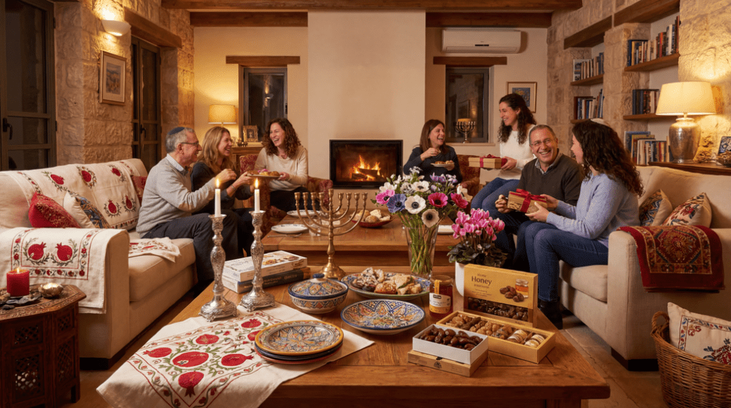 Image illustrating: Family enjoying holiday gathering around table with festive decorations.