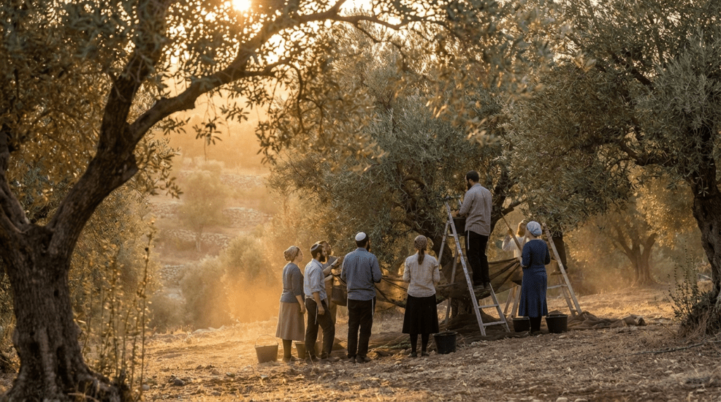 Serene olive grove in Israel at sunset with harvesting people.
