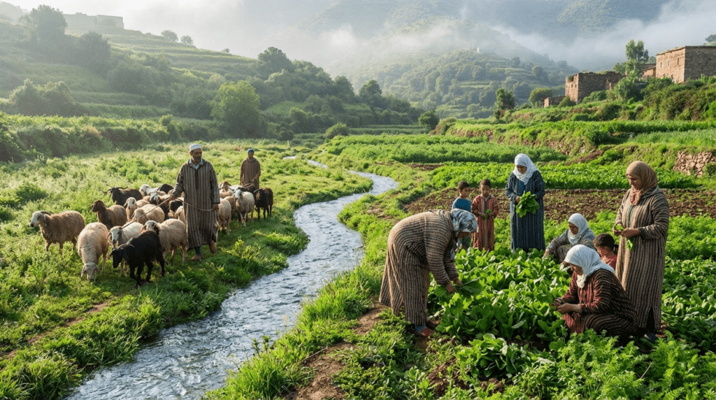 Group of people in traditional Jewish attire farming in lush fields.
