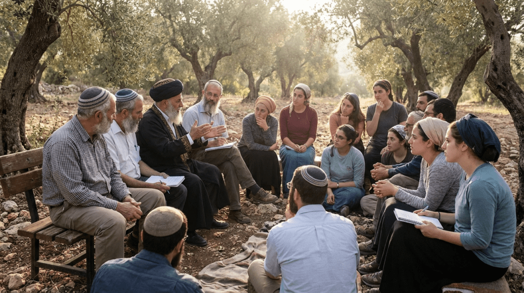 Group of Israelites in traditional headwear discussing in olive grove.