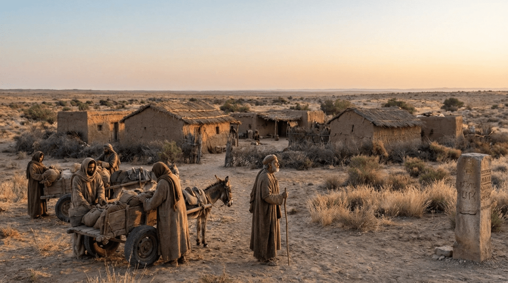 Dawn in Goshen with figures in robes preparing for a journey.