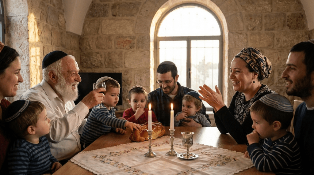 Family enjoys Shabbat dinner with candles and challah in Jerusalem.