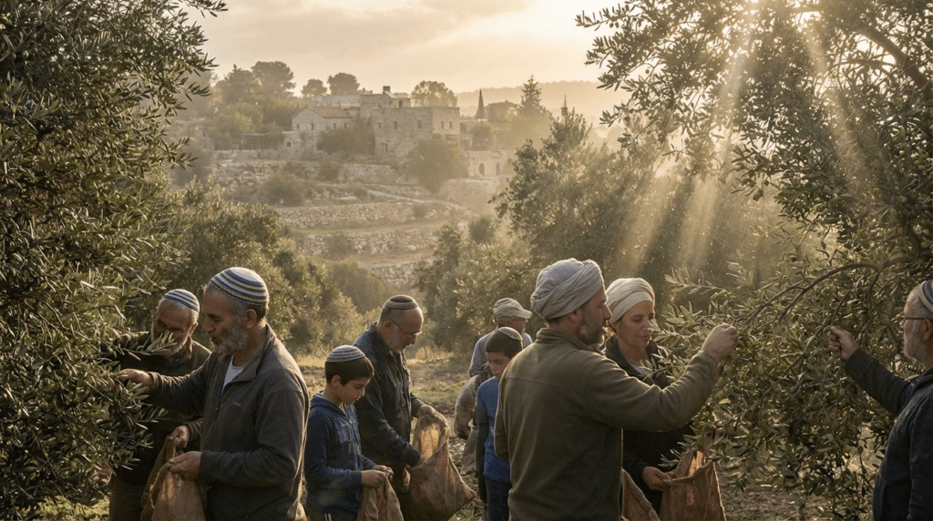 People in traditional Jewish head coverings harvesting olives in a grove.
