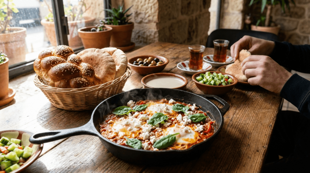 Israeli breakfast with shakshuka, challah, and pita on wooden table.
