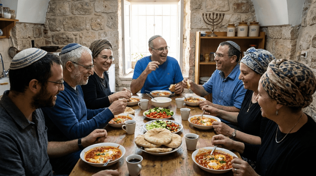 Jewish individuals in kipas and turbans enjoying breakfast in a Jerusalem kitchen.
