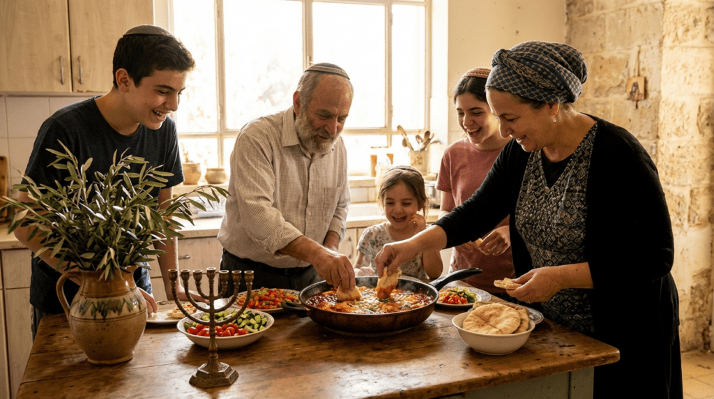 Family of diverse ages eating Shakshuka at a rustic table.