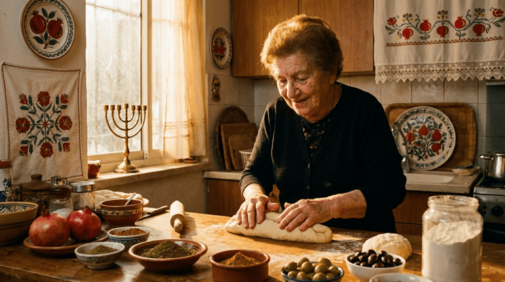 Elderly Jewish woman shaping dough in a culturally adorned kitchen.
