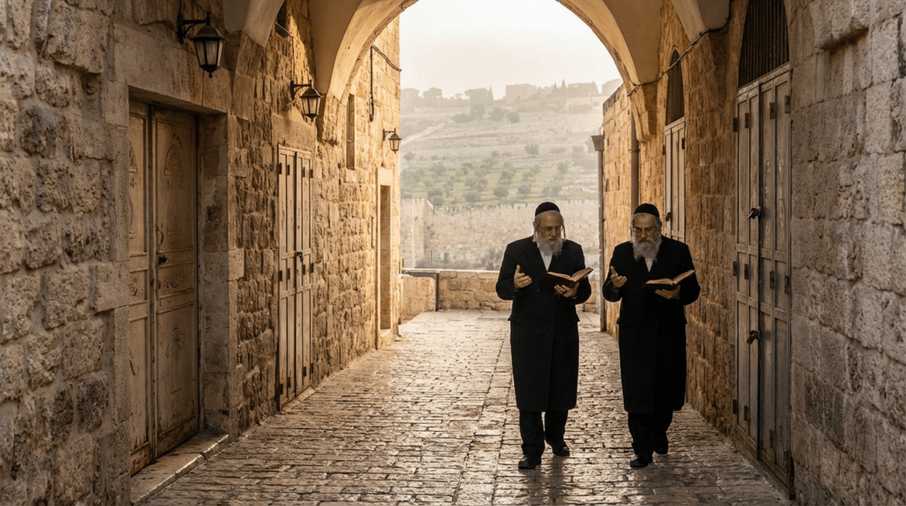 Early morning in Jerusalem alley with elderly men and lanterns.