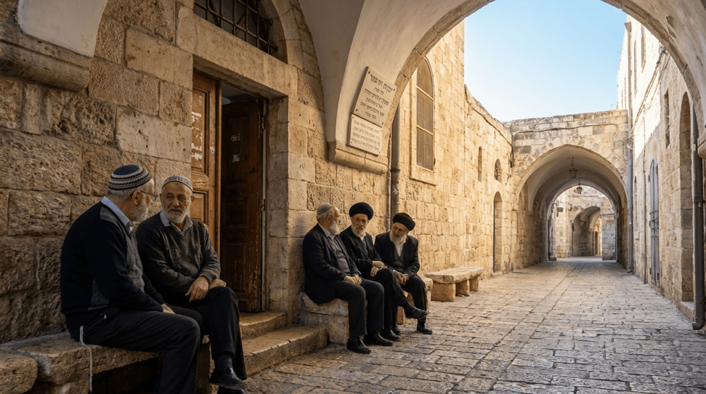 Morning light on Jerusalem stone, group in traditional headwear discussing.