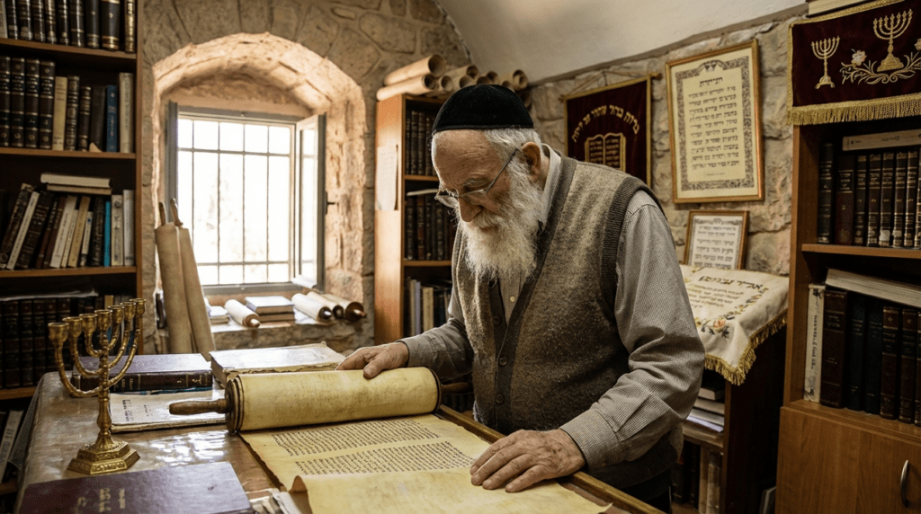 Elderly Jewish man reading texts in a book-filled study room.