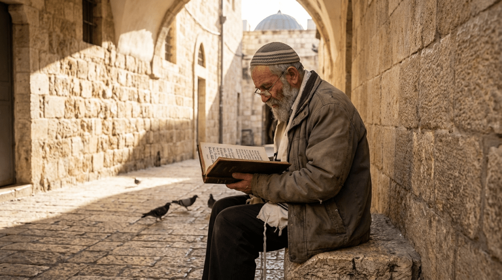 Elderly Jewish man reading a large book on a stone bench in Jerusalem.