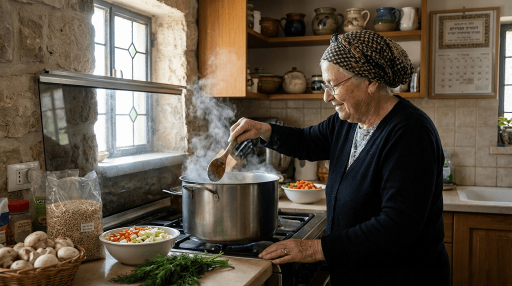 Elderly Jewish woman stirring soup in a sunny, rustic kitchen.