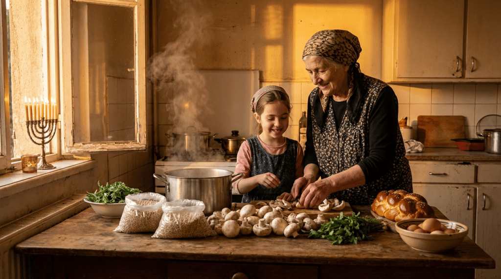 Elderly woman and girl prepare mushroom barley soup in kitchen.