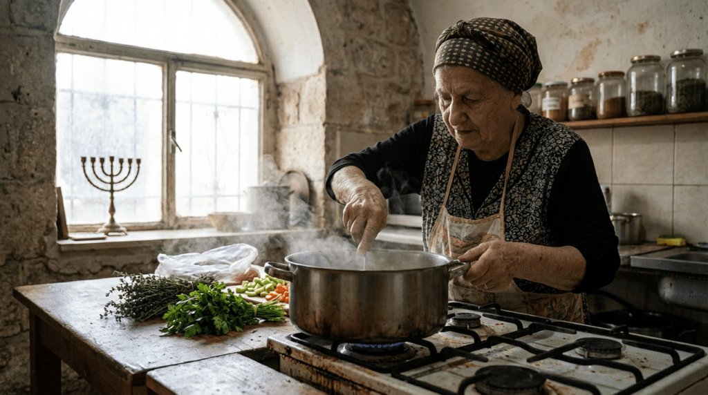 Elderly Jewish woman making soup in a rustic Jerusalem kitchen.
