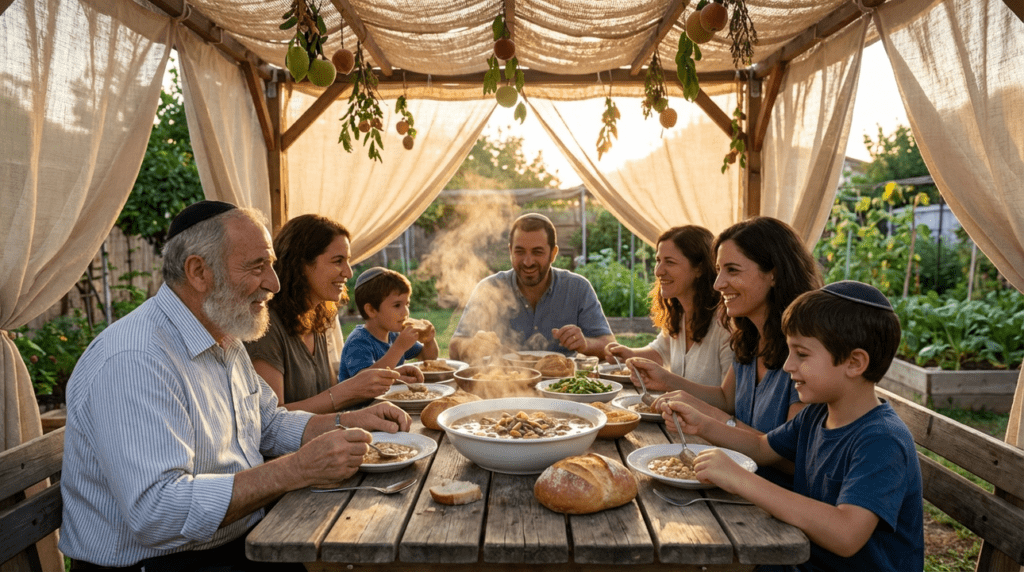 Jewish family enjoying Sukkot meal under sukkah with garden background.