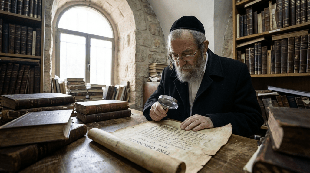 Scholar in traditional Jewish attire studying ancient scriptures in Jerusalem.