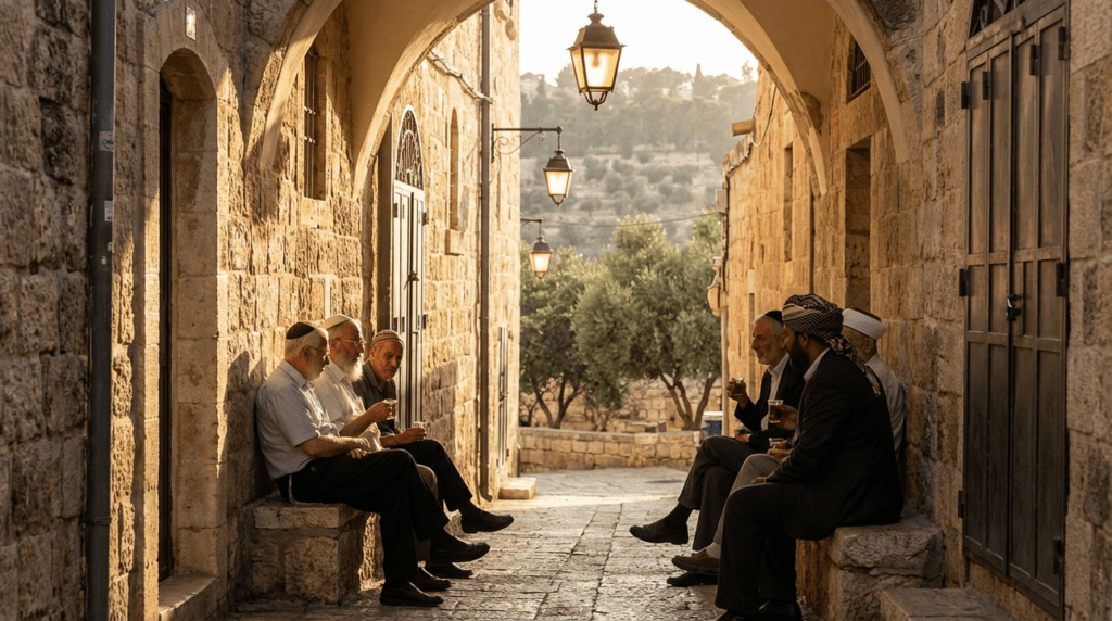 Ancient Jerusalem street at sunset with people in traditional headwear.