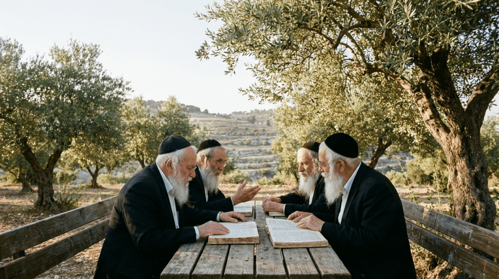 Elderly Jewish men discuss religious texts in an olive grove.
