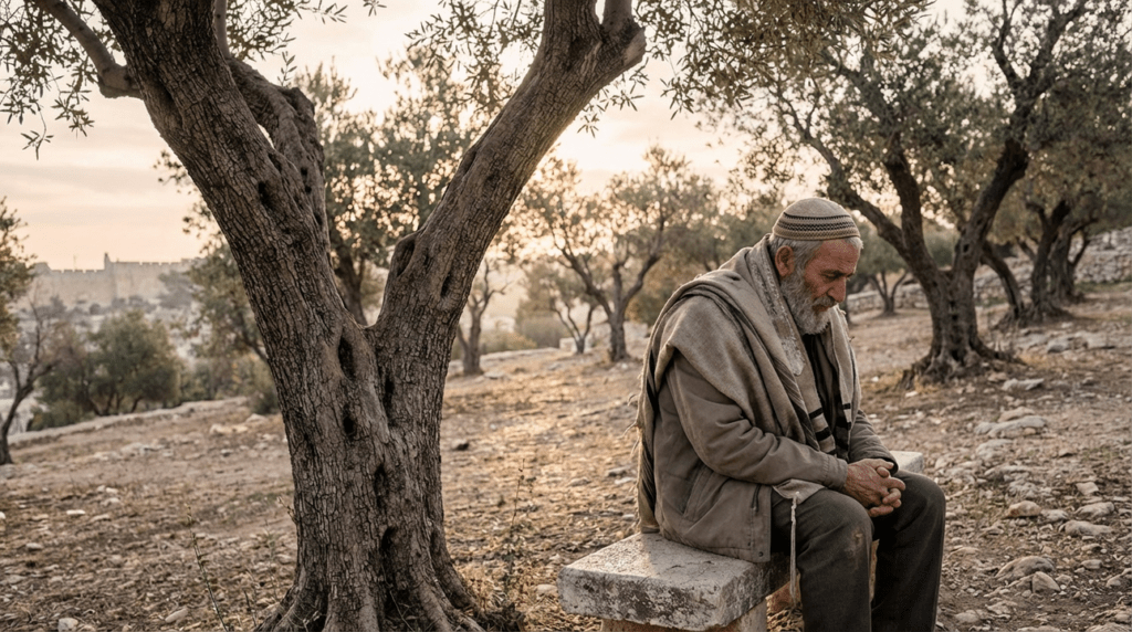 Elderly man in traditional Jewish attire contemplating in olive grove.