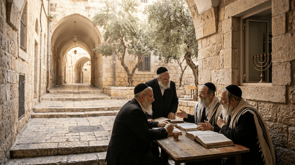 Men in traditional attire discussing texts in Jerusalem's ancient street.