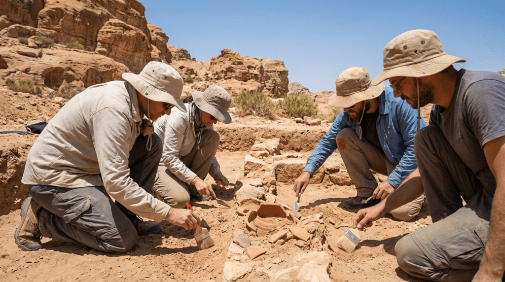 Archaeologists uncovering artifacts in Edom with tools under sunny skies.