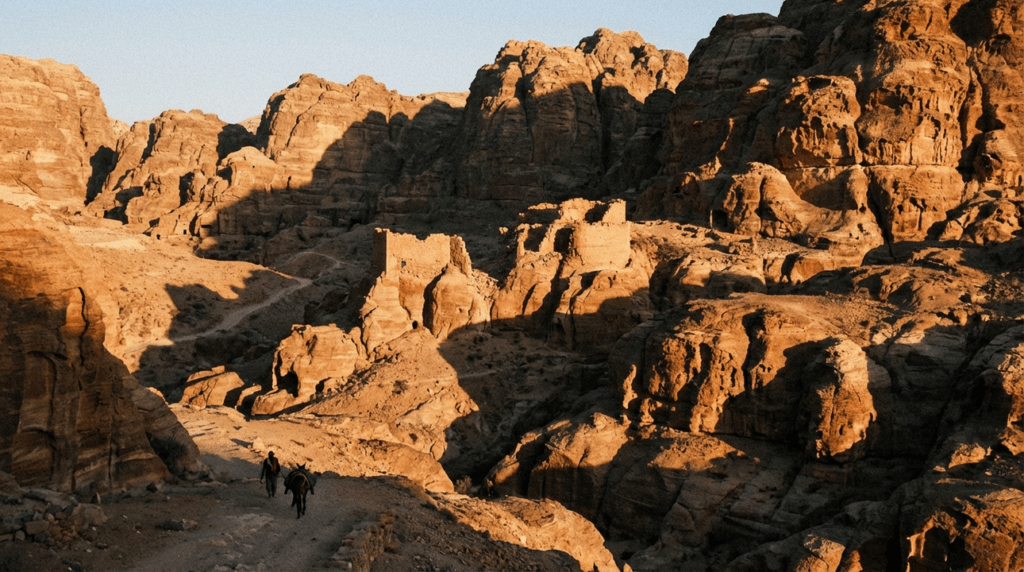 Sunset over Mount Seir with long shadows and golden hues.