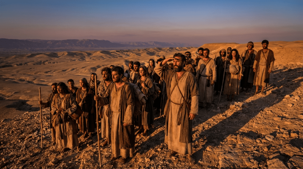 Actors as ancient Israelites at desert edge, sunlit and determined.