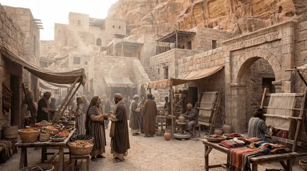 Early morning in ancient Bozrah with locals trading and crafting.