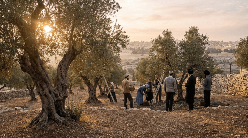 Early morning olive grove near Jerusalem with people gathering olives.