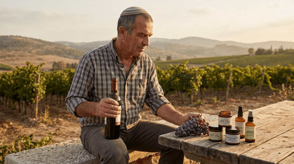Middle-aged Jewish man examining grapes, holding wine, near skincare products.